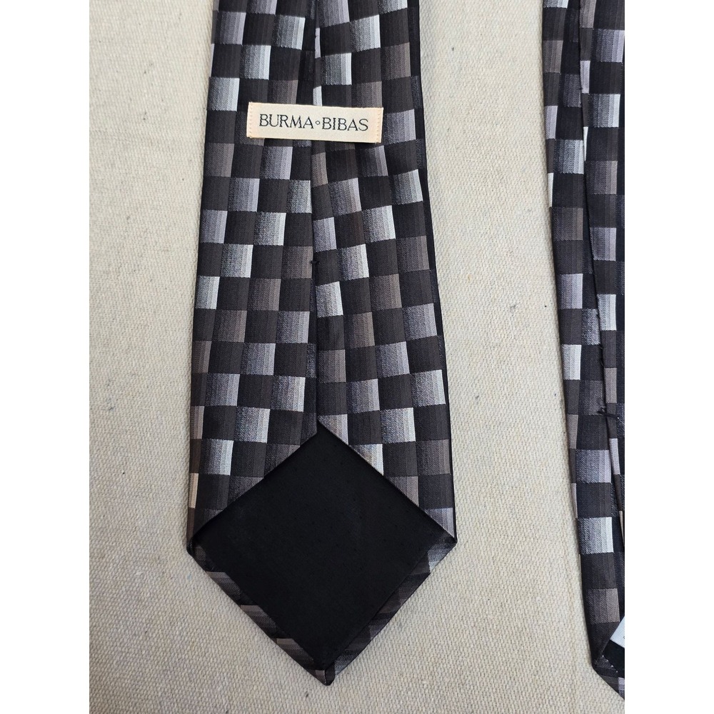 Burma Bibas Mens Silk Necktie Black Grey Silver Geometric Checkered Grid Pattern - Picture 5 of 6